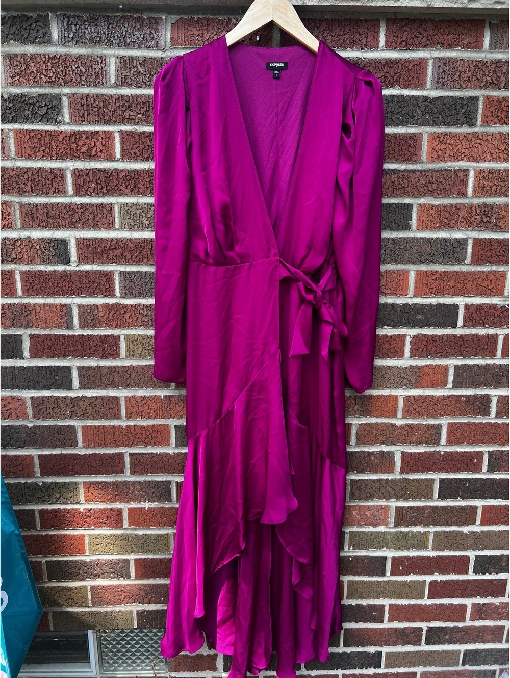 Express Fuchsia Pink Satin Like Ruffle Hem Suprlice Long Sleeve Maxi Dress